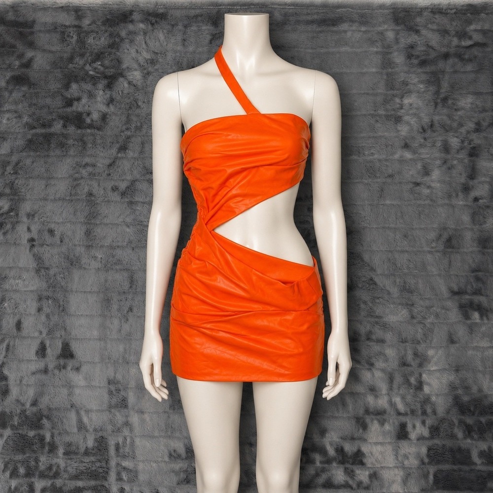 Michael Costello x REVOLVE Orange Faux Leather One Shoulder Cutout Mini Dress S